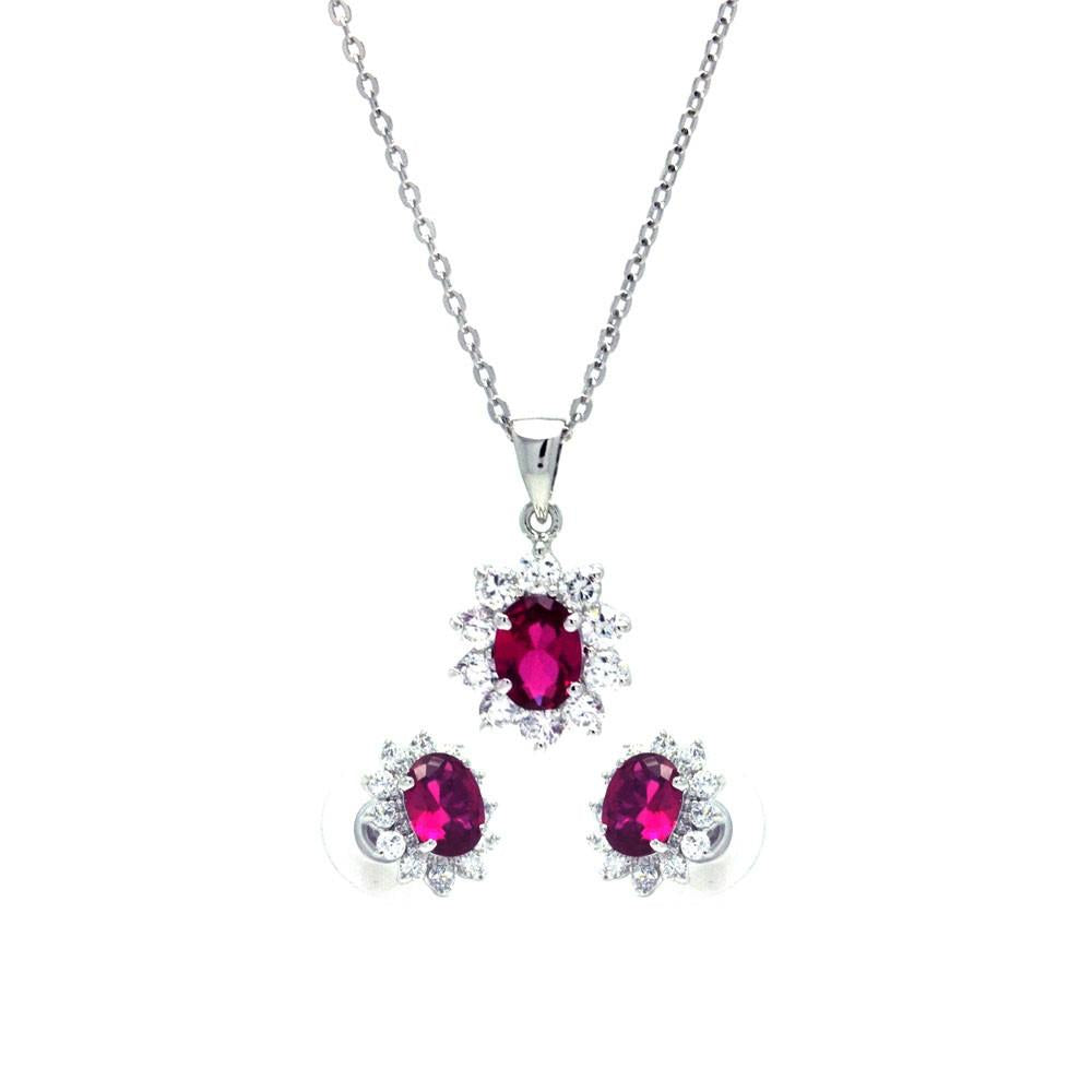 PARIKHS Rhodium Plated Red and Clear Cluster Flower CZ Dangling Set in 925 Sterling Silver