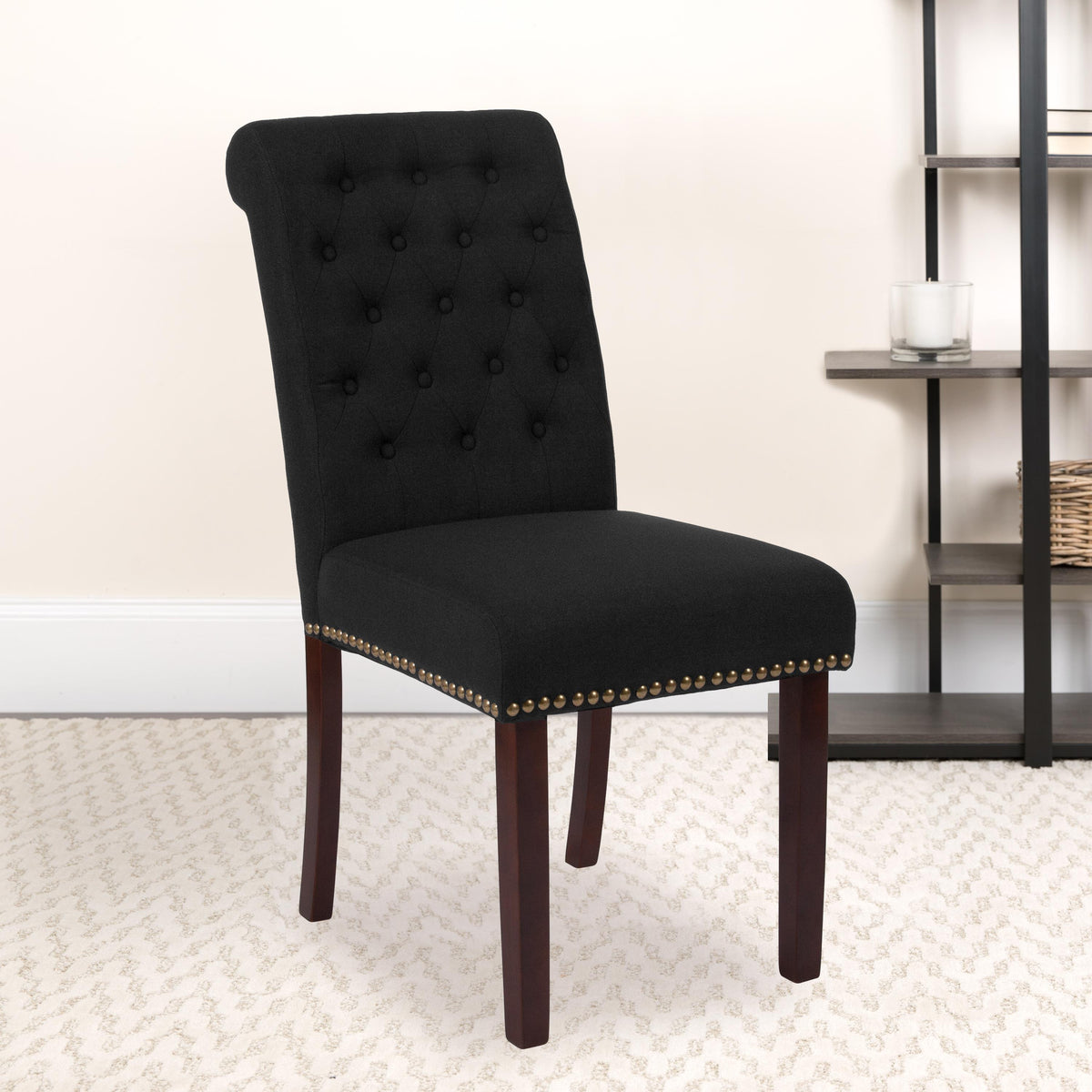Flash Furniture Brown Fabric Parsons Chair with Rolled Back, Accent Nail Trim and Walnut Finish