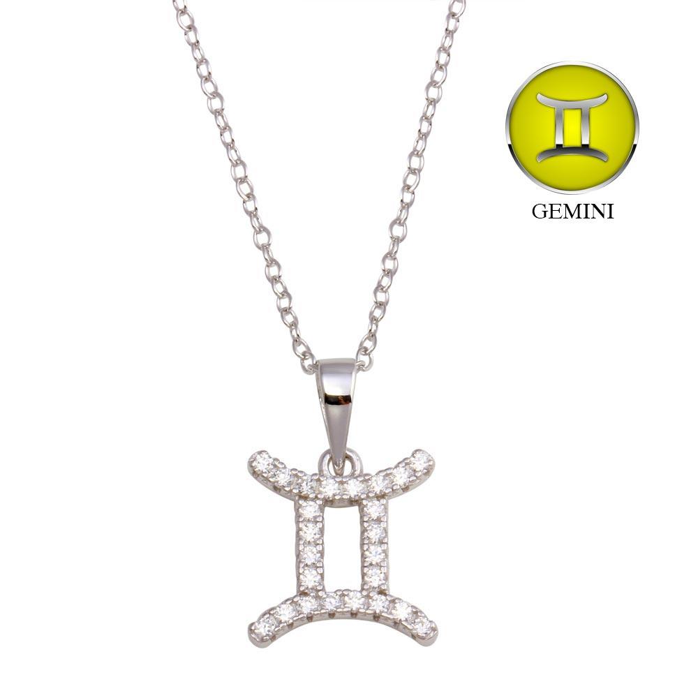 PARIKHS Rhodium Plated Gemini CZ Zodiac Sign Necklace in 925 Sterling Silver
