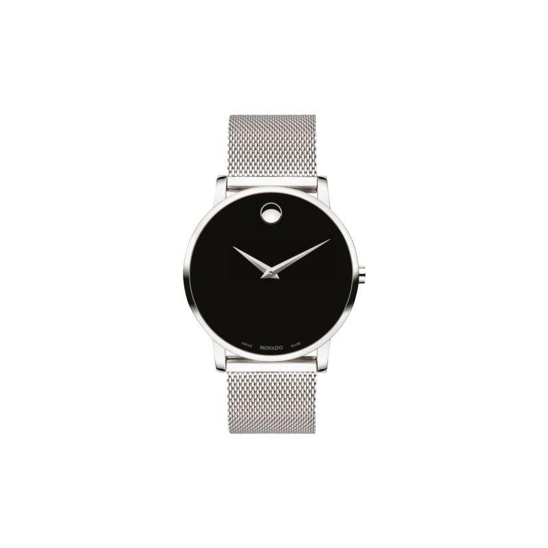 Movado Men's Museum Classic Silver-Tone Stainless Steel Mesh Watch Black Dial