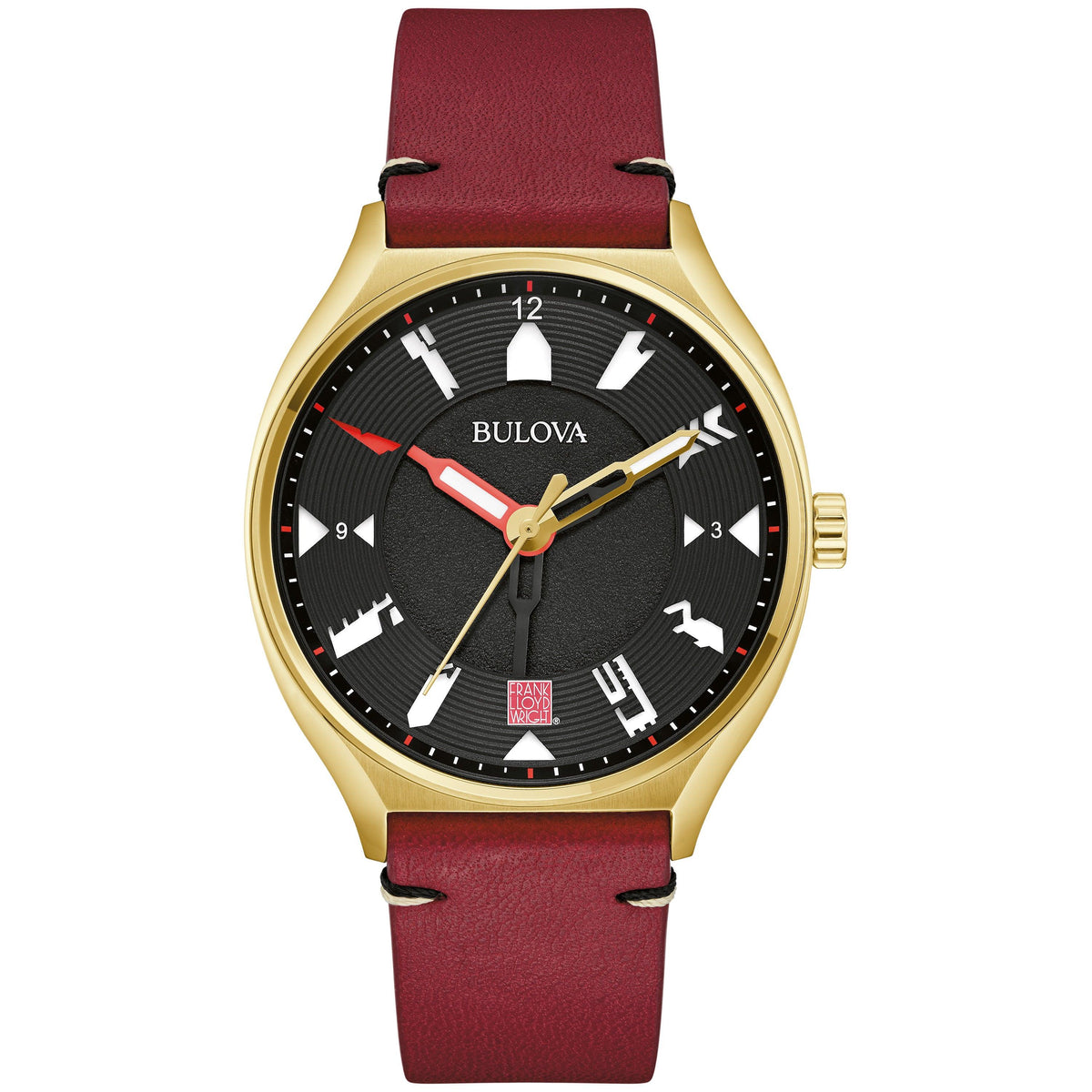 Frank Lloyd Wright Mens Perforated Panels Automatic Burgundy Leather Strap Watch Black Dial
