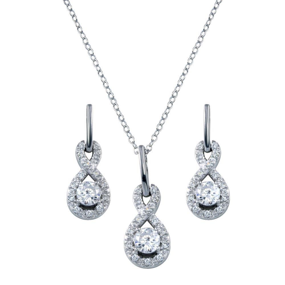 PARIKHS Rhodium Plated Figure 8 Teardrop Clear CZ Necklace-Dangling Stud Set in 925 Sterling Silver