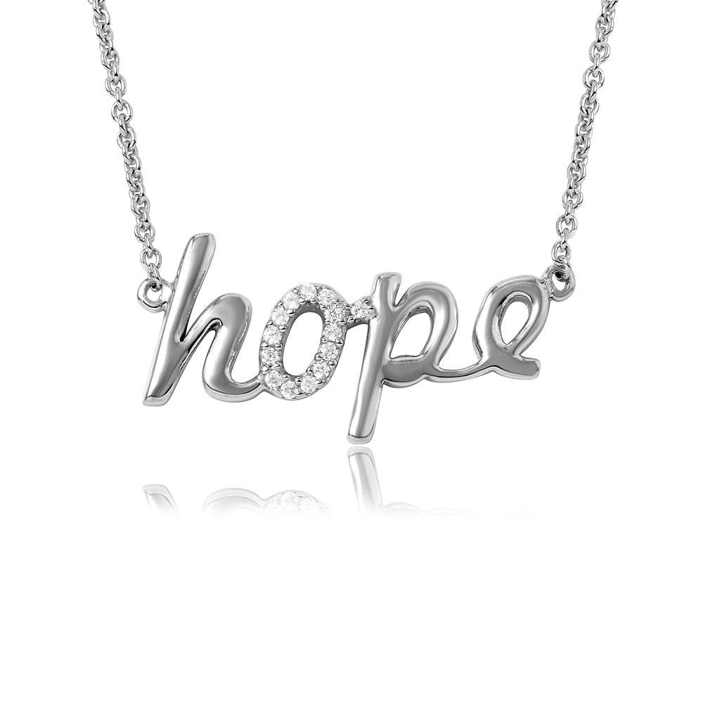 PARIKHS Rhodium Plated CZ Word Necklace "Hope" in 925 Sterling Silver