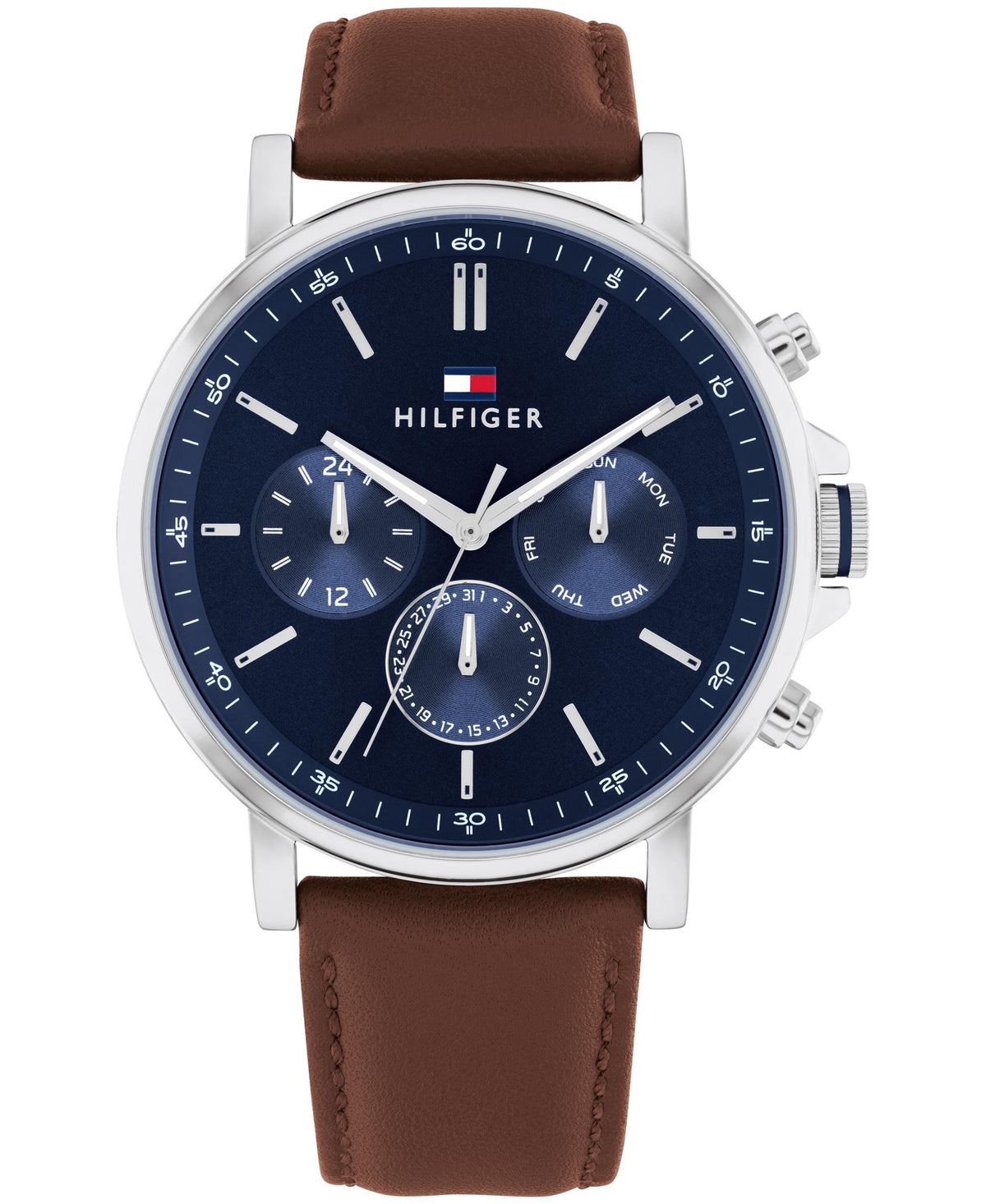Tommy Hilfiger Gents. Stainless Steel Case. Brown Leather Strap. Navy Multi-function Dial.