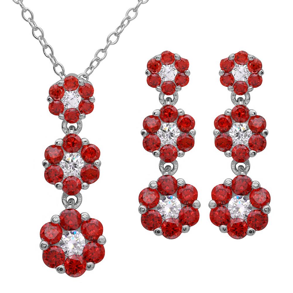 PARIKHS Rhodium Plated 3 Drop Red CZ Flower Necklace-Earring Set in 925 Sterling Silver
