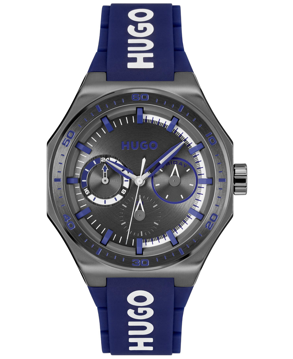 Hugo #Grail Sport Gents. Grey IP Steel Case & Blue Silicone Strap. Grey multi-function Dial.