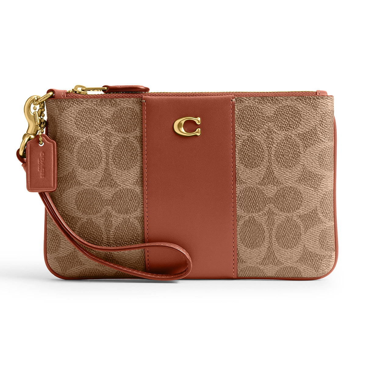 COACH Coated Canvas Signature Small Wristlet - Tan Caramel/Brass
