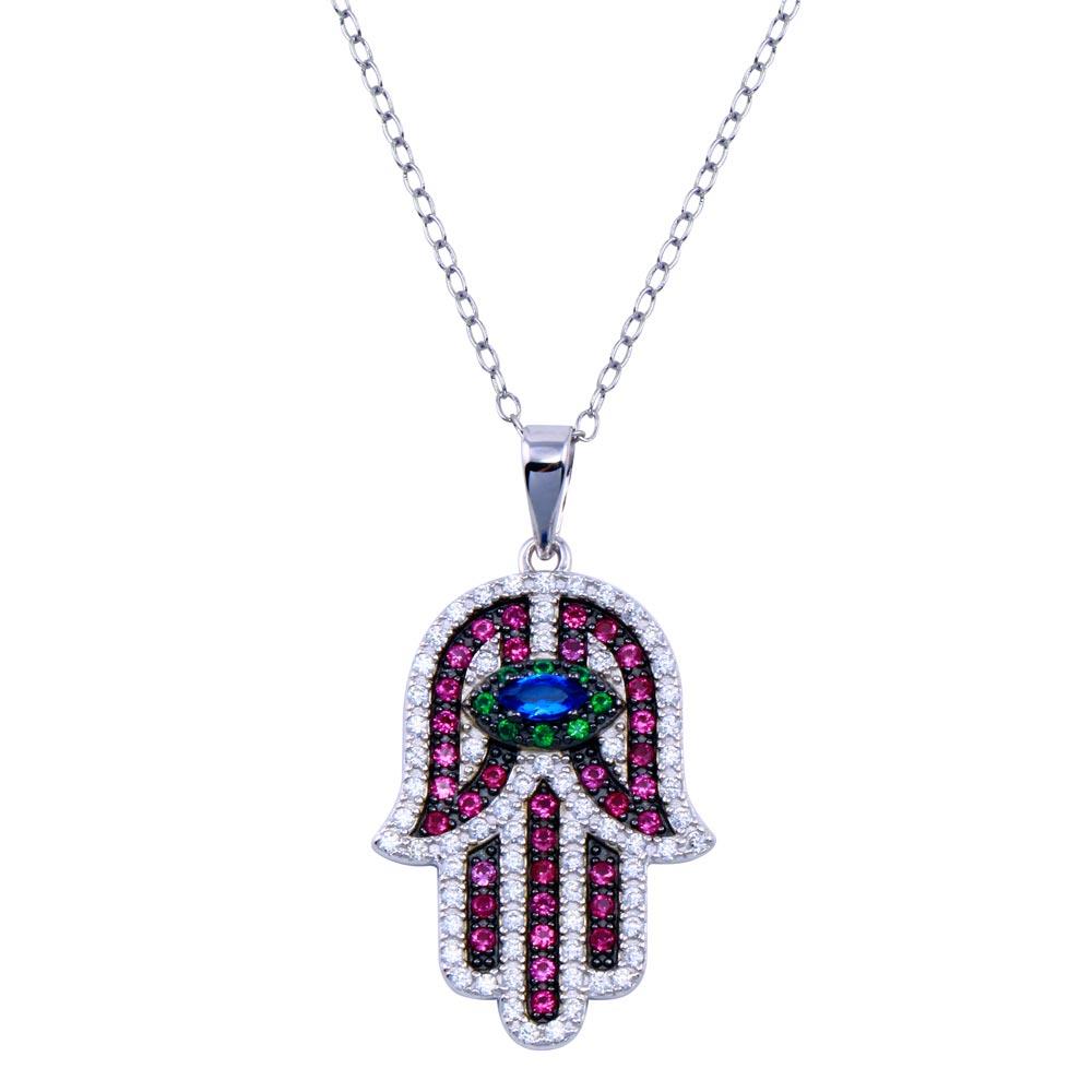 PARIKHS Rhodium Plated Hamsa Multicolor CZ Necklace in 925 Sterling Silver
