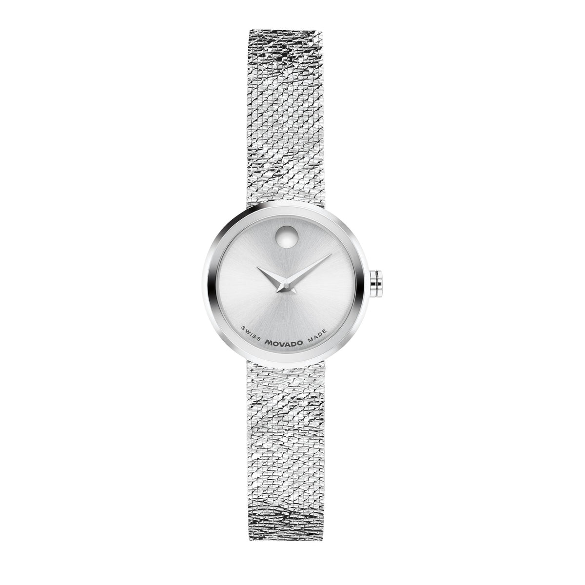 Movado Museum Velura Ladies. Stainless Steel Case & Milanese mesh Bracelet. Silver White Dial