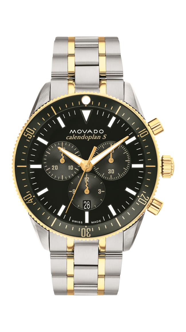 Movado Heritage Gents. Stainless Steel/Yellow Gold IP Case & Bracelet. Green Chronograph Dial.