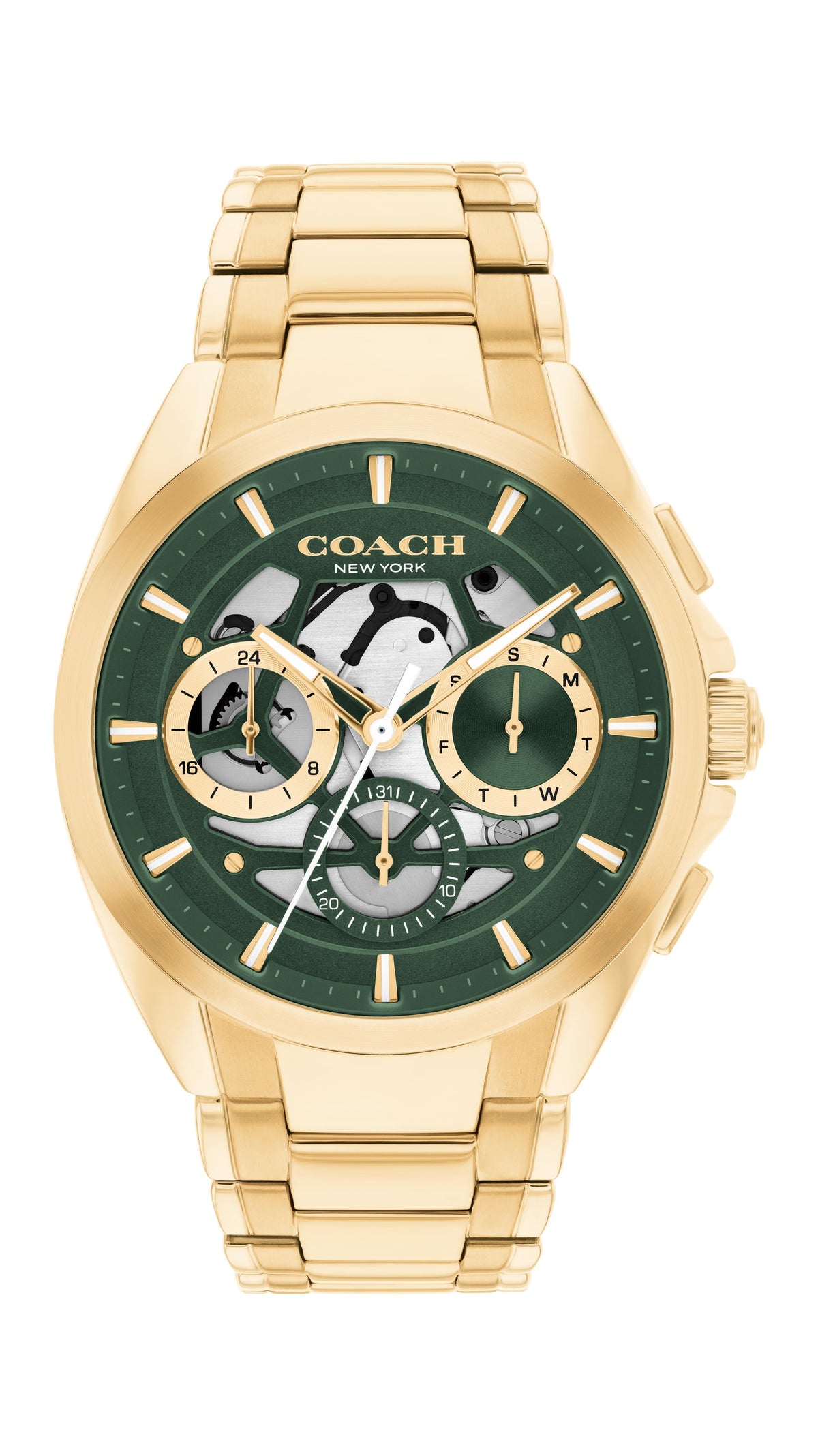Coach Jackson Gents. Gold Plated Case & Bracelet. Green skeleton dial.