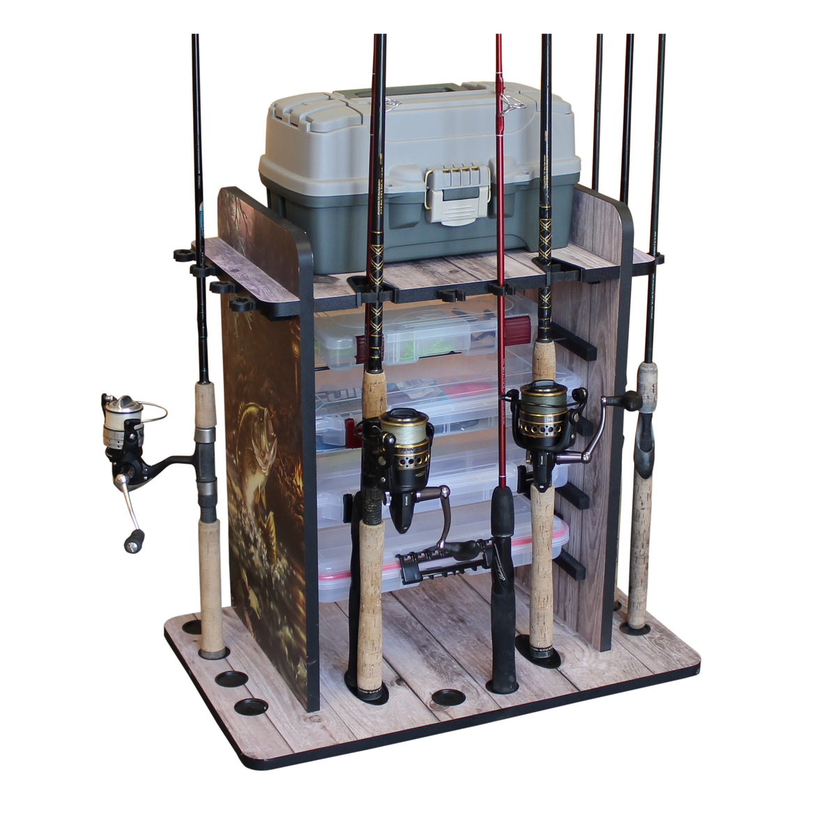 Rush Creek 14-Fishing Rod Storage Rack with Bait Bin Storage - Bass Graphics