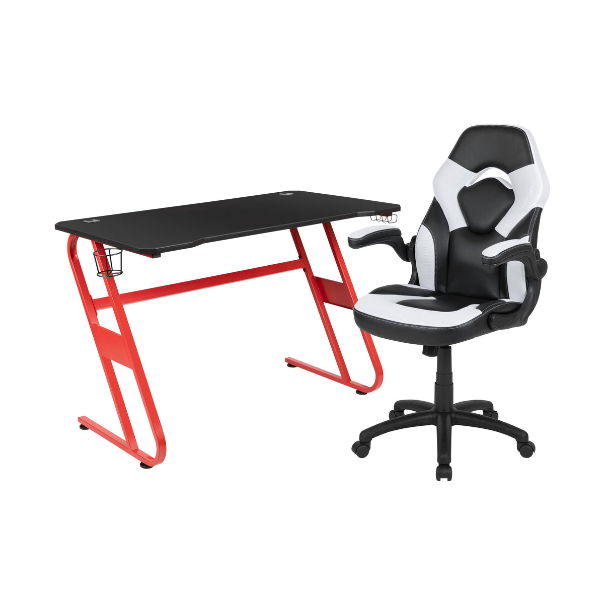 OSC Designs Red Gaming Desk and White/Black X10 Series Gaming Chair Set