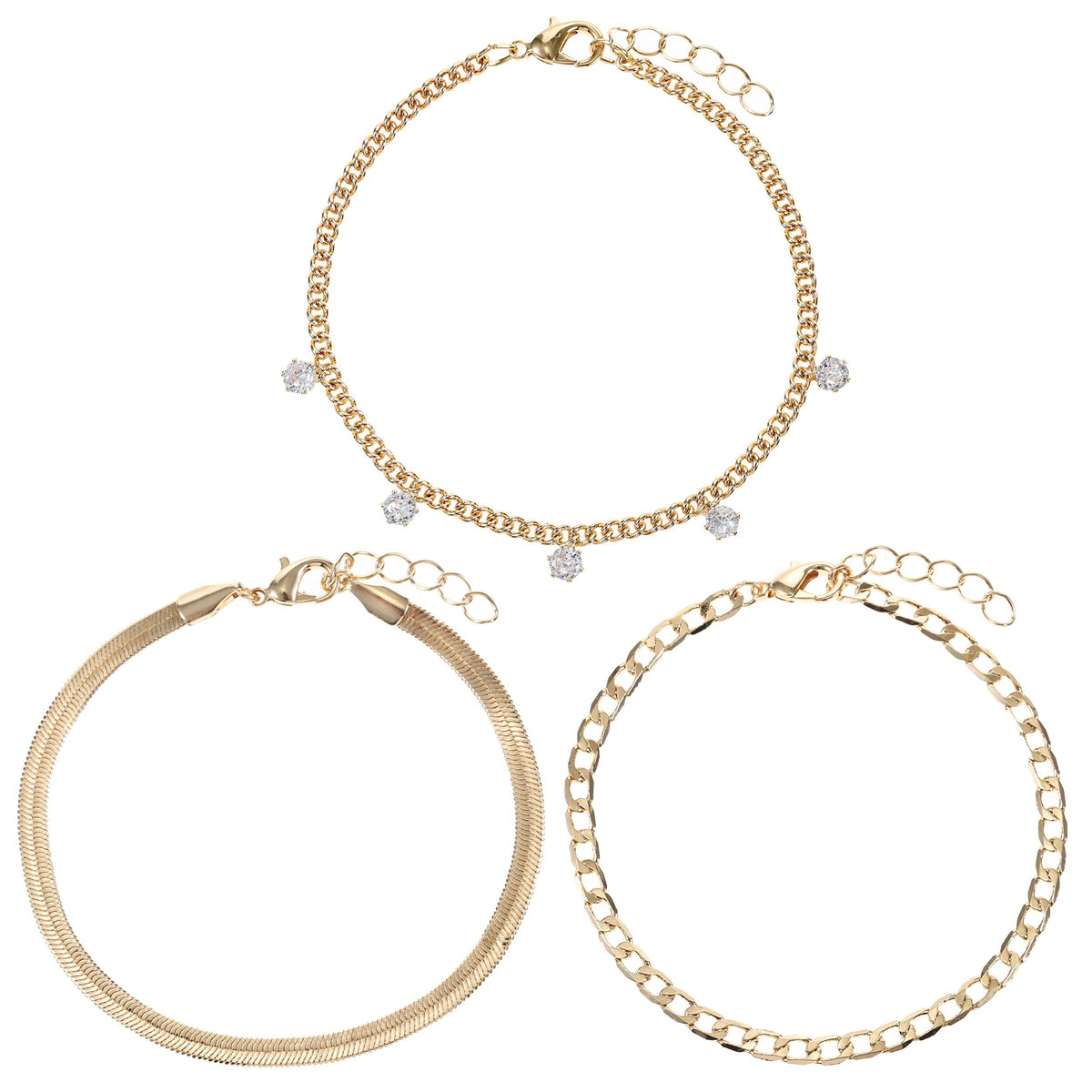 Joyful Sentiments Set of 3 Chain Link Bracelets with Herrigbone, Curb and Drop Style - Goldtone