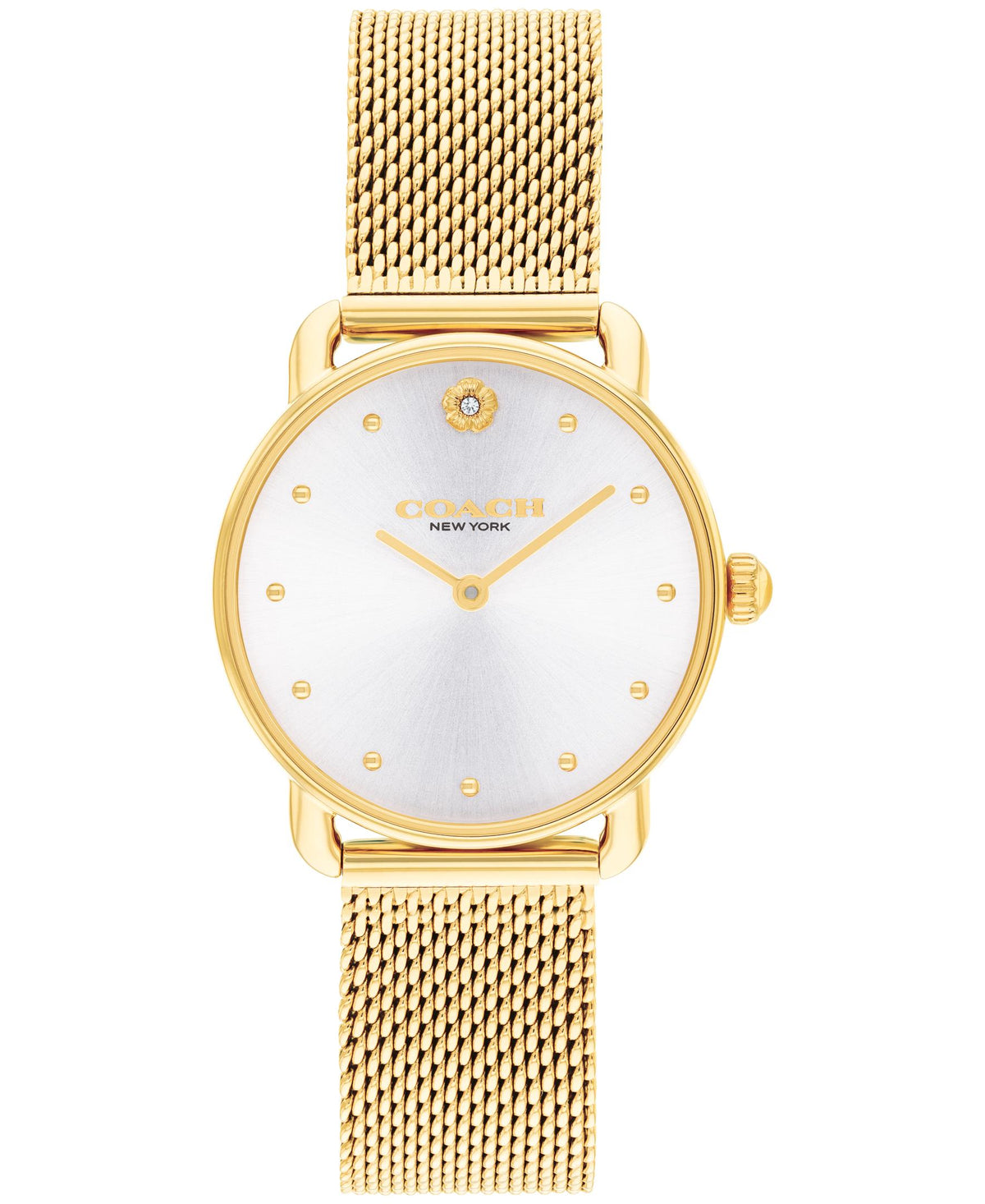Coach Elliot Ladies. Gold Plated Case. Silver/White Dial. Gold Plated Mesh bracelet.