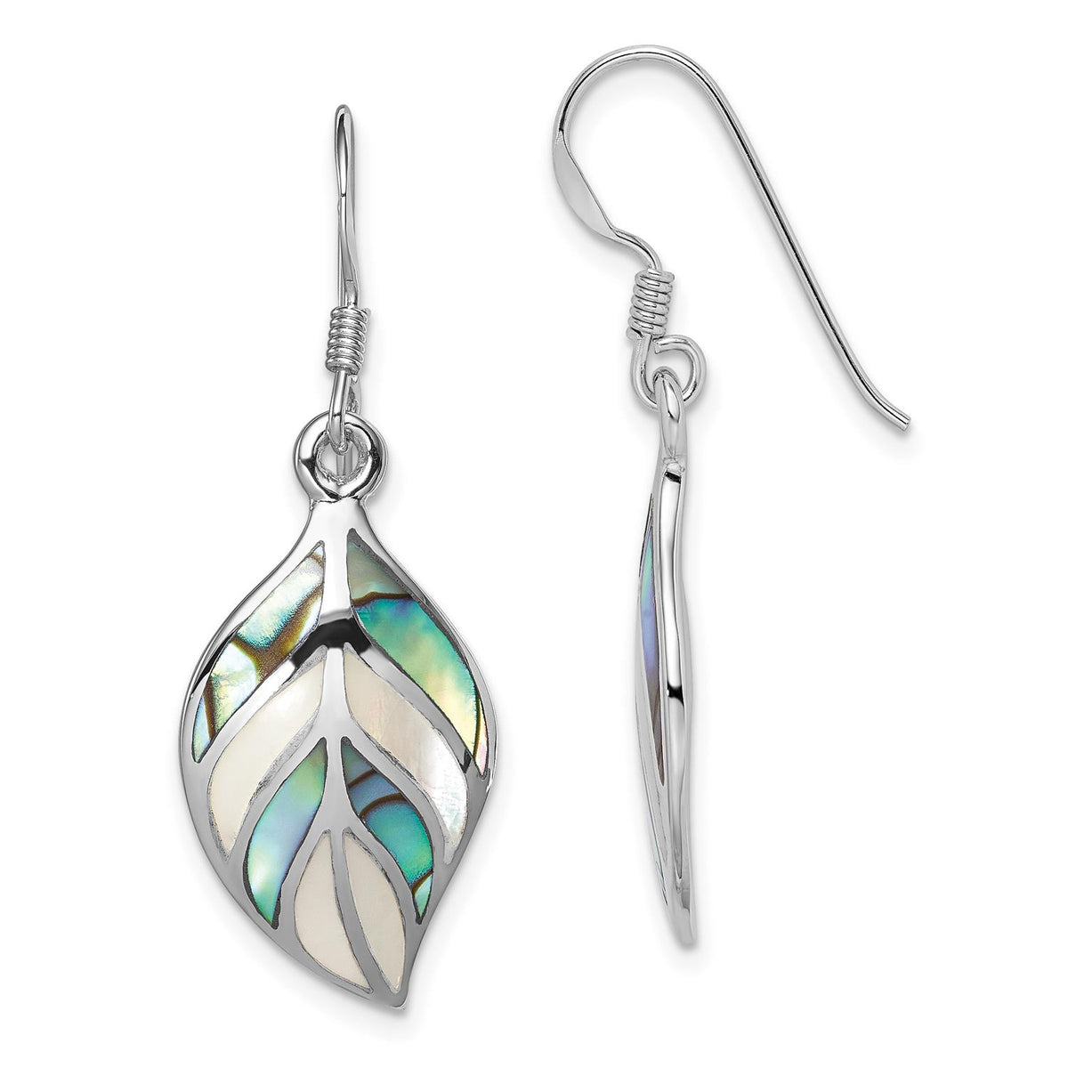 Distinctive Sterling Silver Rhodium Leaf MOP and Abalone Dangle Earrings