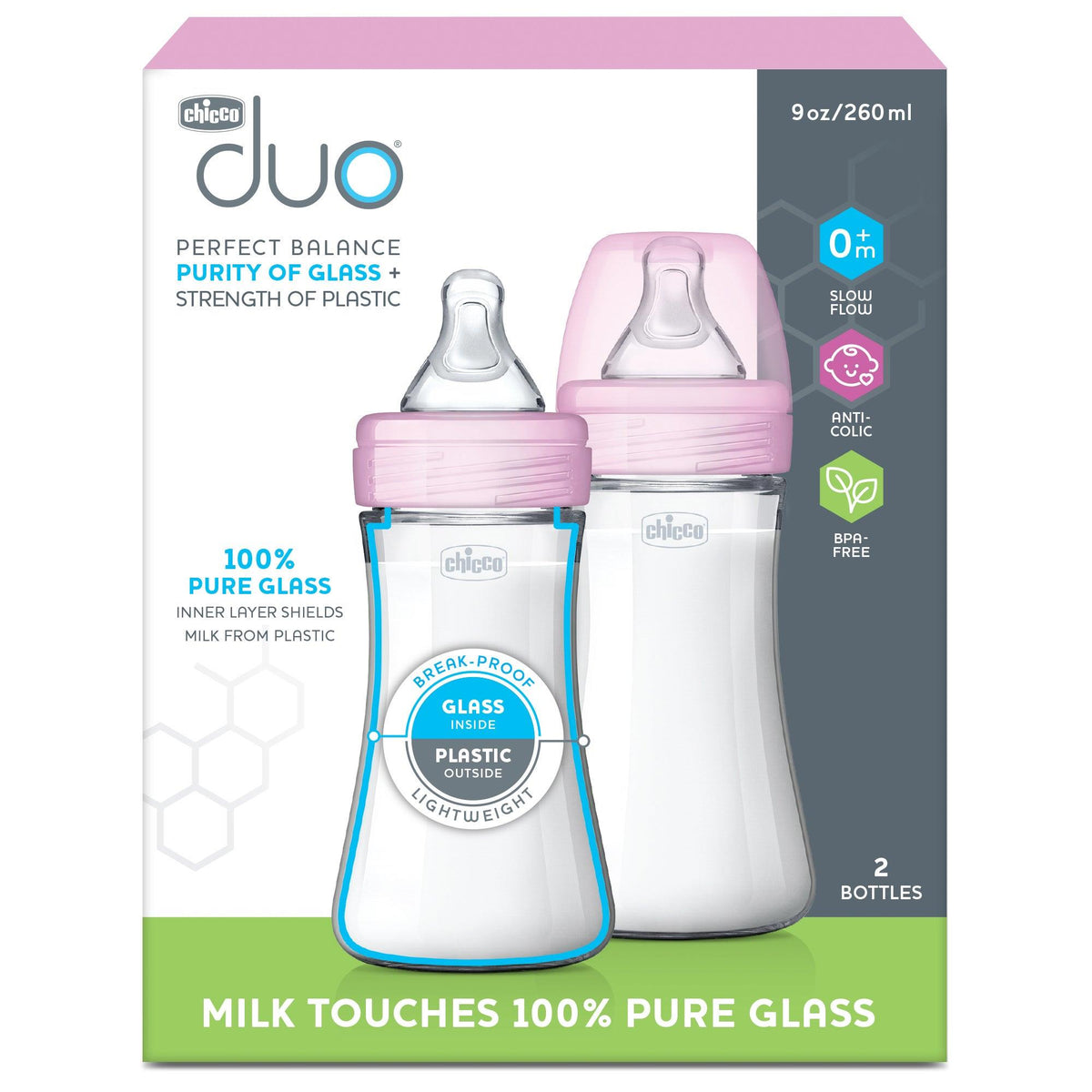 Chicco Duo 9oz Hybrid Baby Bottle - 2-Pack Pink