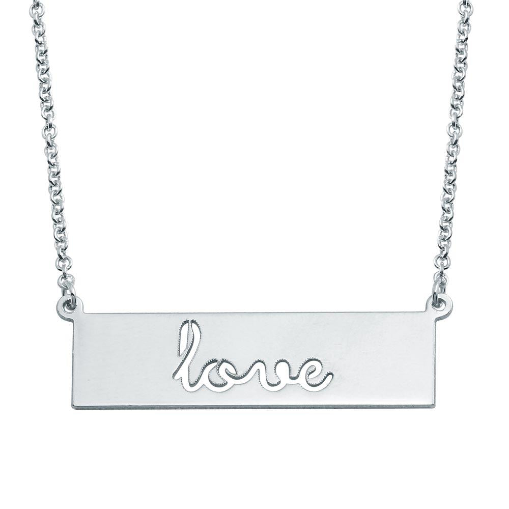 PARIKHS Rhodium Plated Love Engraved Bar Pendant Necklace in 925 Sterling Silver