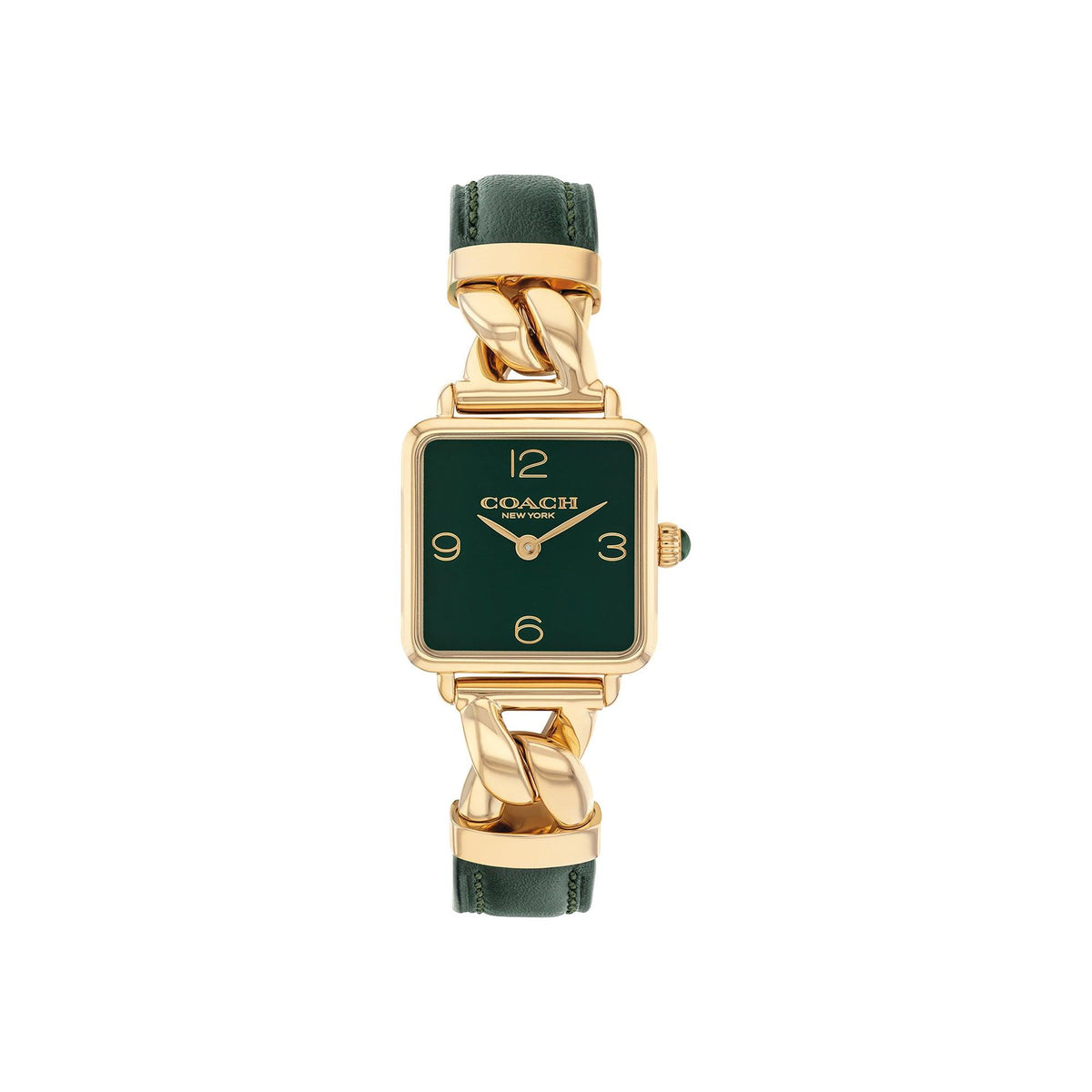 Coach Ladies Cass Gold & Dark Green Leather Strap Square Watch Dark Green Dial