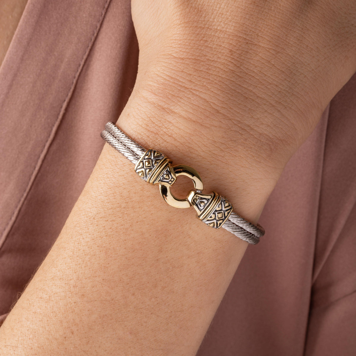 John Medeiros Antiqua Gold Circle Double Wire Bracelet, Two Tone, 7"- Pressure release hook and bar closure