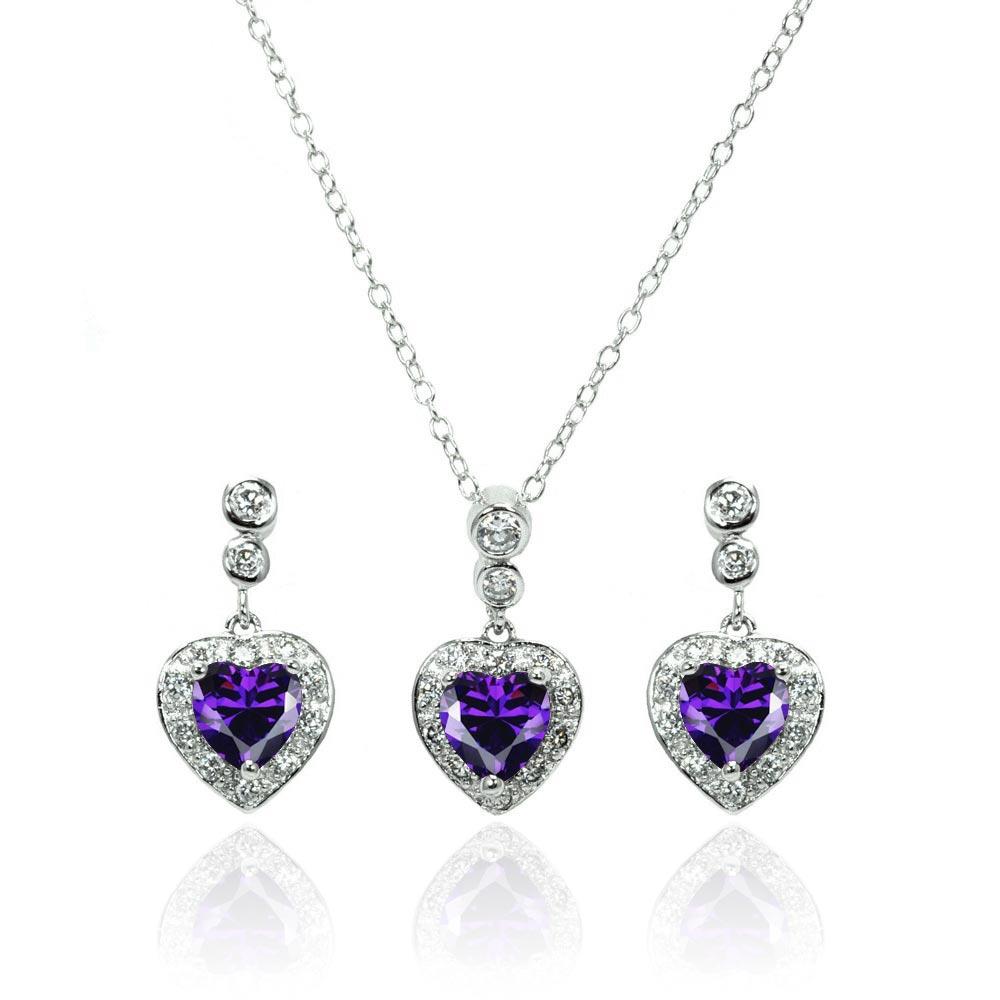 PARIKHS Rhodium Plated Clear and Purple Heart CZ Necklace-Earring Set in 925 Sterling Silver