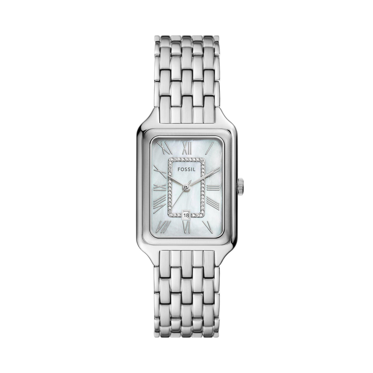 Fossil Ladies Raquel Silver-Tone Stainless Steel Rectangle Watch MOP Dial