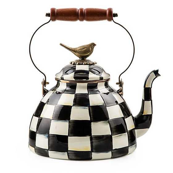 MacKenzie-Childs White Flower Market 3 Quart Tea Kettle with Bird