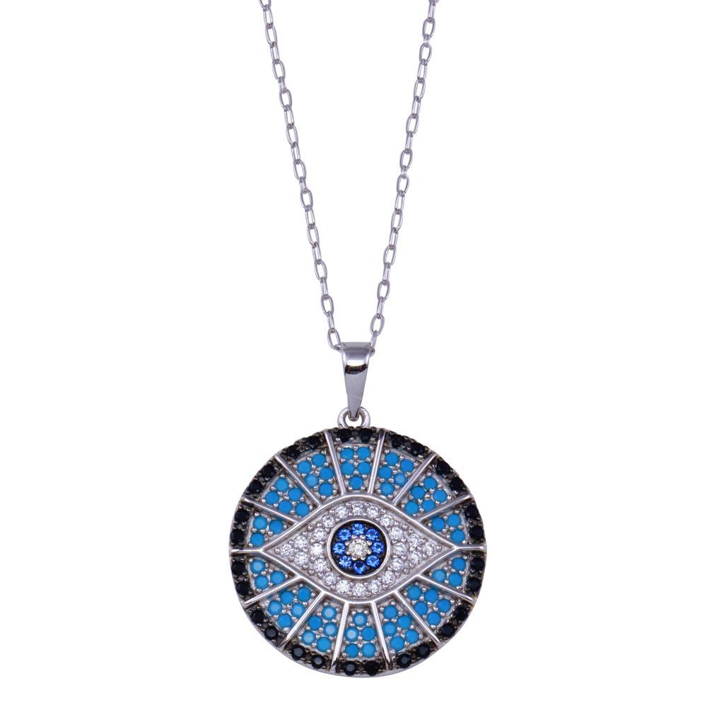 PARIKHS Rhodium Plated Round Evil Eye CZ Necklace in 925 Sterling Silver