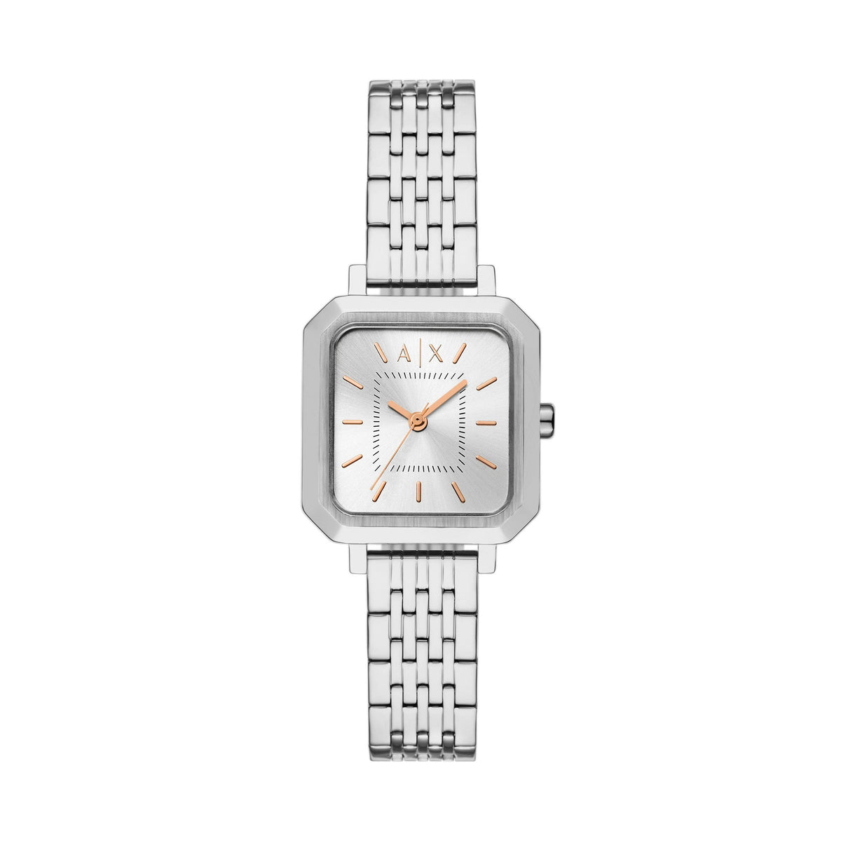 Armani Exchange Ladies Leila Silver-Tone Stainless Steel Square Watch Silver Dial
