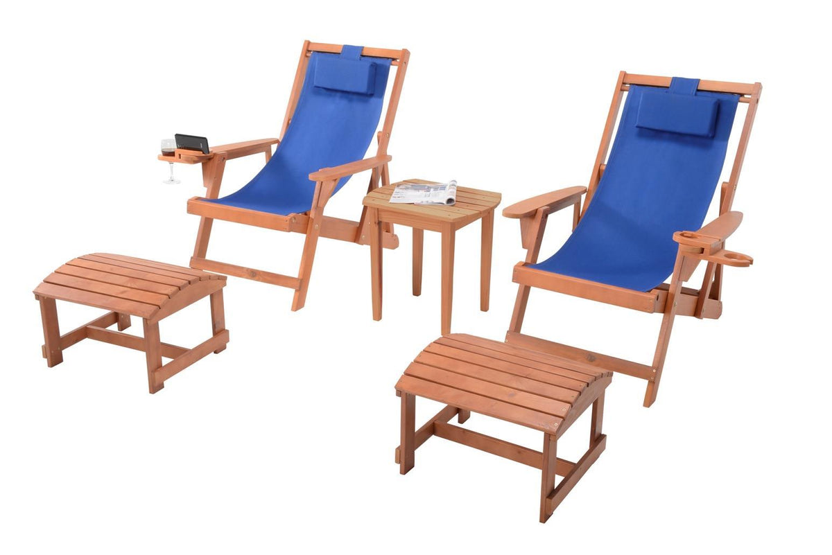 Romantic Collection - 2 Canvas Sling Chairs w/Beverage Holder, 2 Ottoman, & 1 End Table - Walnt, Blu