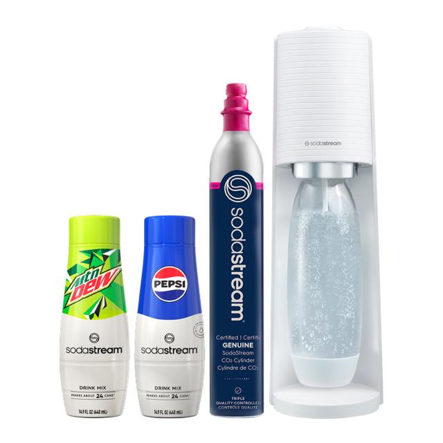 SodaStream TERRA Bundle Kit-White Contains: 1-Machine, 1-Cylinder, 1-Carbonation Bottle, And 2-Pepsi Flavors