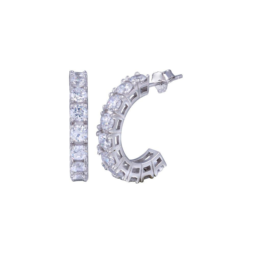 PARIKHS Rhodium Plated Round Clear CZ Huggie Earring in 925 Sterling Silver