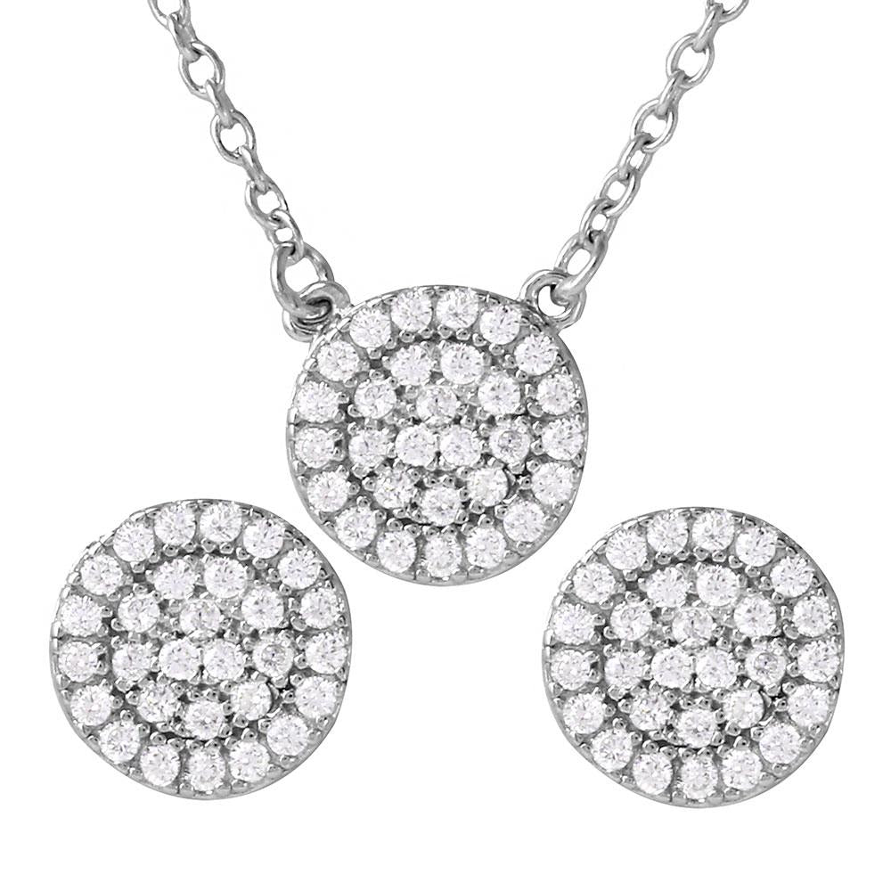 PARIKHS Rhodium Plated CZ Encrusted Round Necklace-Earring Set in 925 Sterling Silver