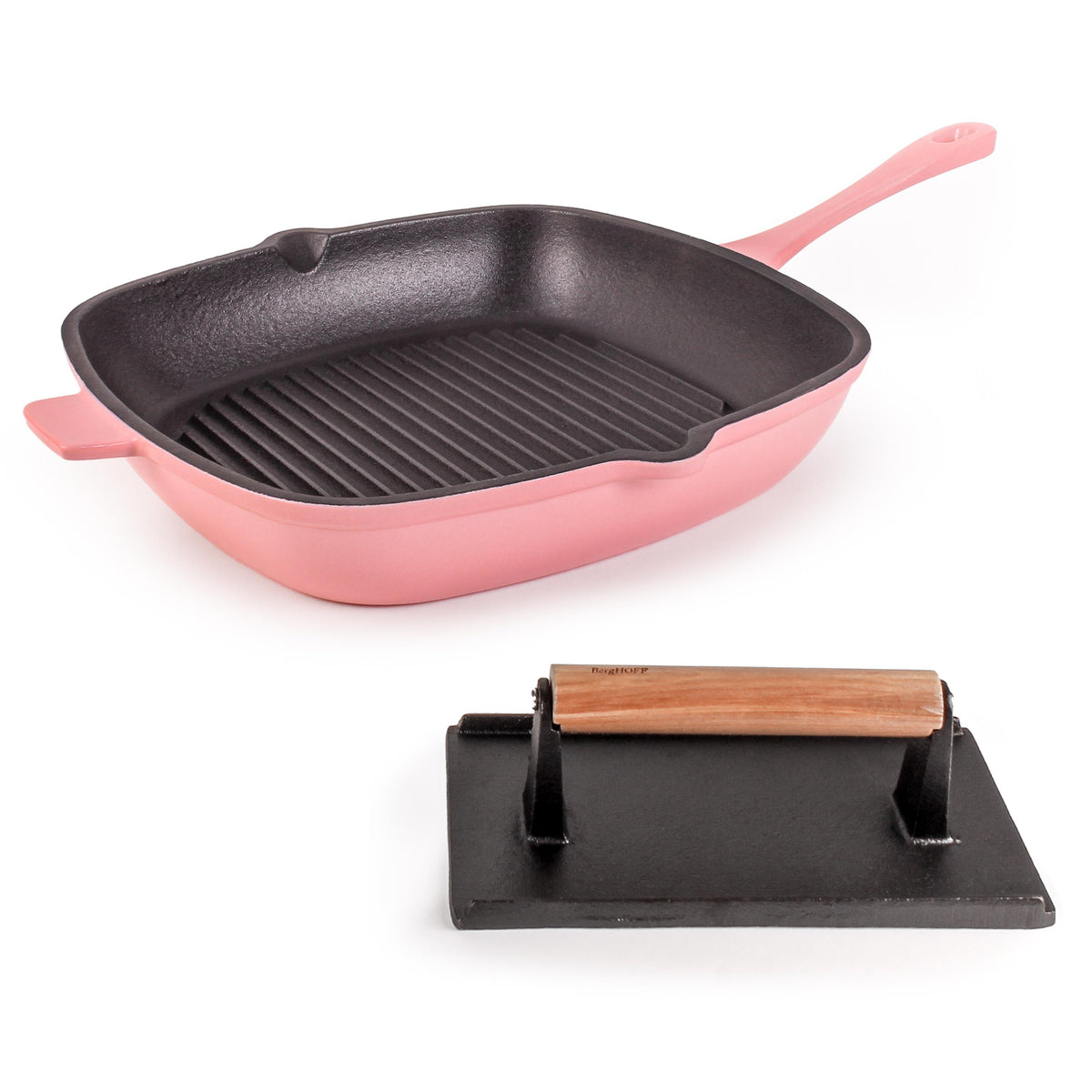 BergHOFF Neo 2pc Cast Iron 11" Grill Pan with Steak Press, Pink