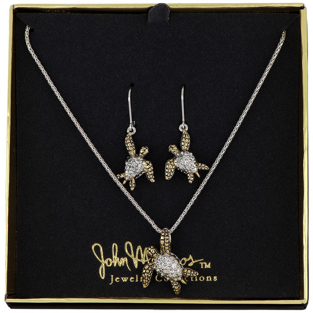 John Medeiros Pave and Gold Sea Turtle Earrings and Necklace set