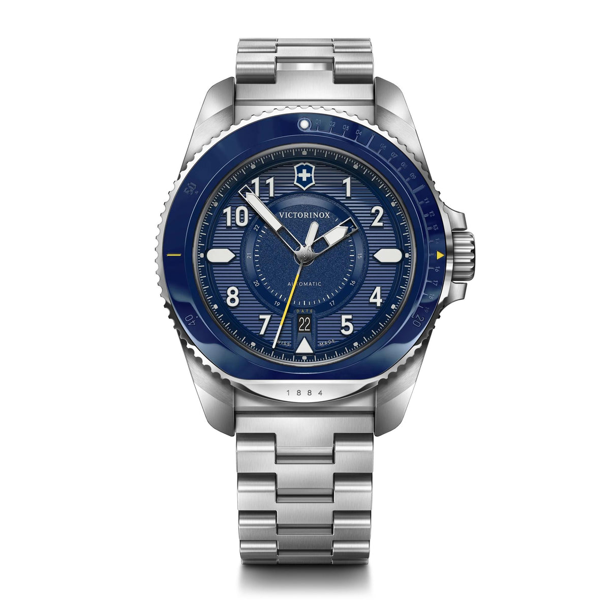 Victorinox Swiss Army Journey 1884 Auto 43mm, silver stainless steel case, blue bezel, blue dial, stainless steel bracelet