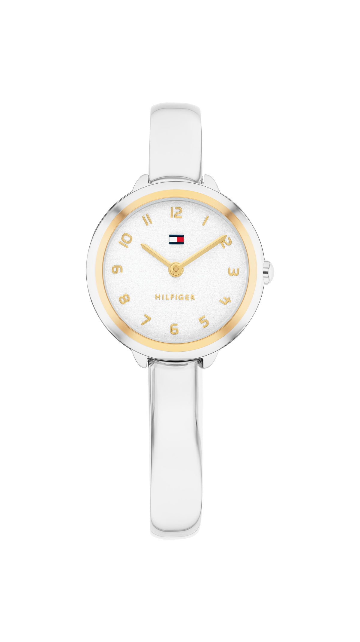 Tommy Hilfiger Ladies. Stainless Steel Case w/ GP Bezel & SS Bangle Bracelet. Silver Dial