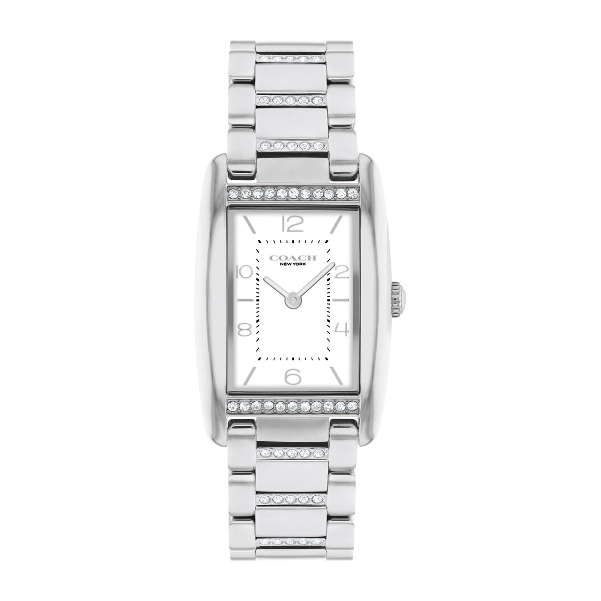 Coach Ladies' Reese Rectangle Silver-Tone Stainless Steel Crystal Watch White Dial