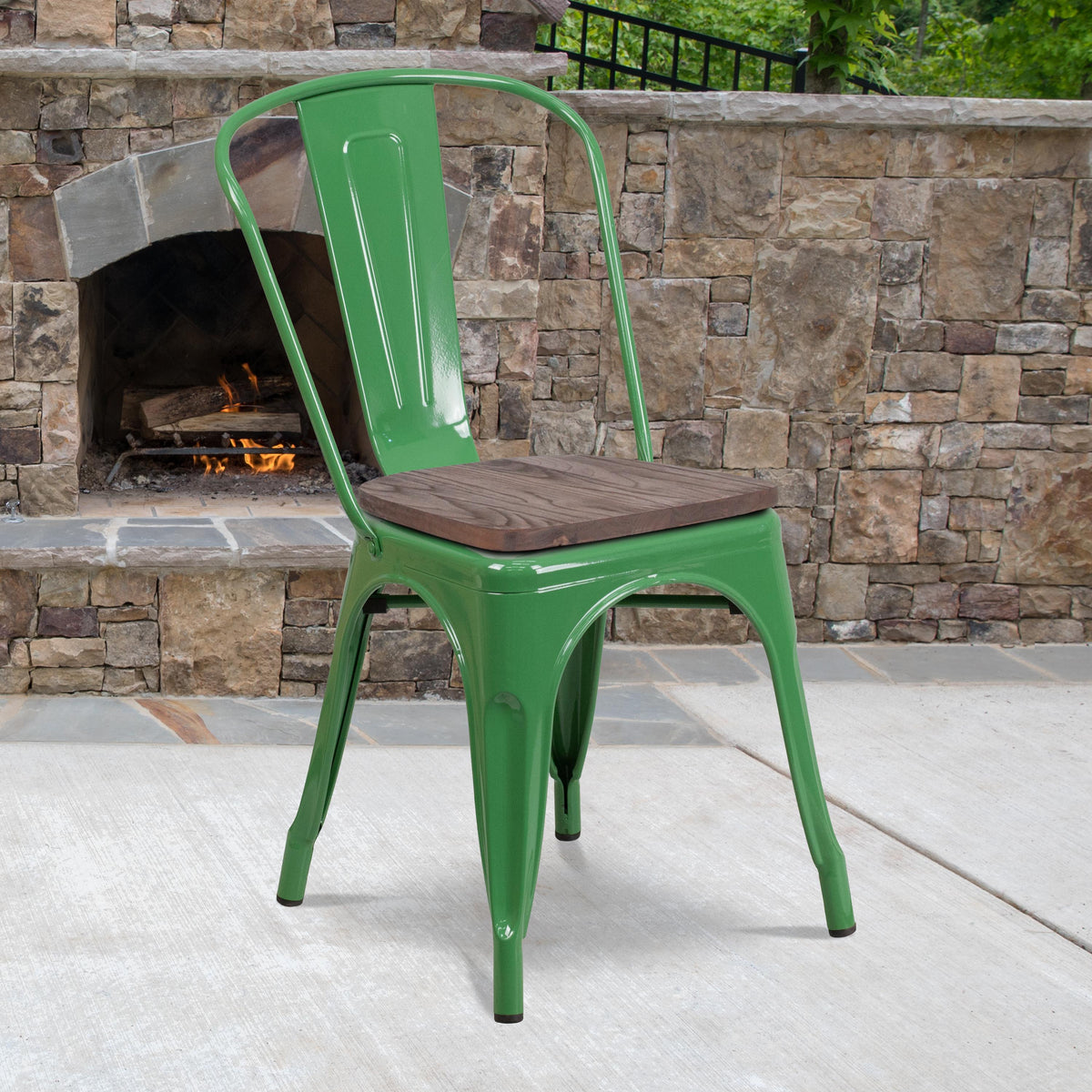 Flash Furniture Green Metal Stackable Chair with Wood Seat - Restaurant Chair - Bistro Chair