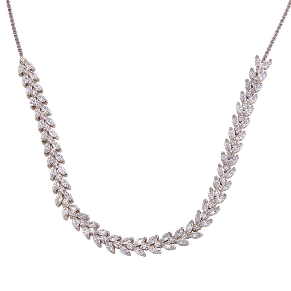 PARIKHS Rhodium Plated Adjustable Leaf Link CZ Necklace in 925 Sterling Silver