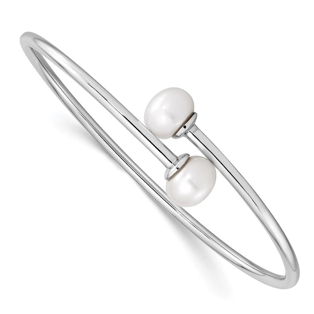 Distinctive Sterling Silver 9-10mm White Freshwater Cultured Pearl Flexible Cuff Bangle