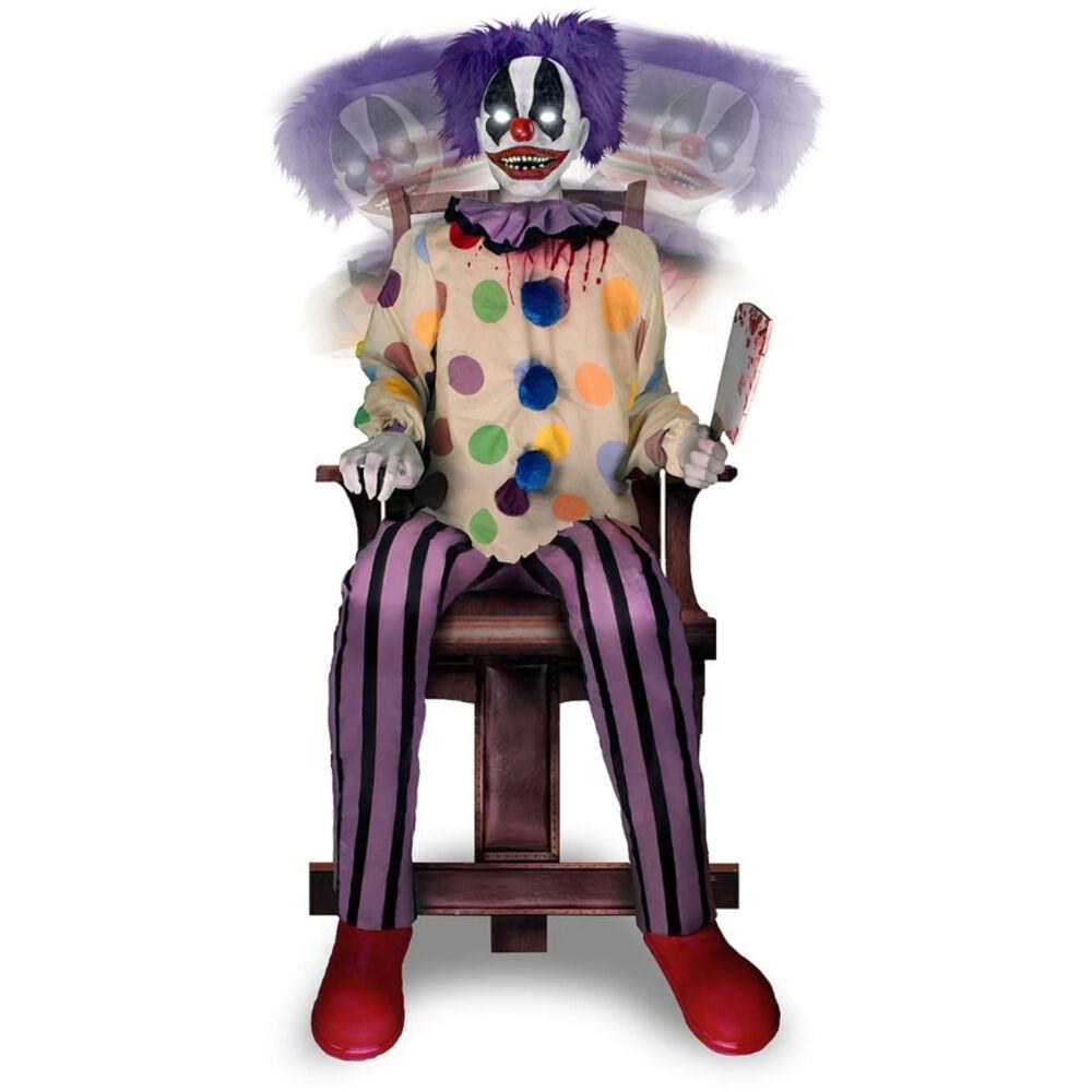 Haunted Hill 37 In. Motion-Activated Thrashing Clown with a Meat Cleaver by Tekky, Sitting Premium Halloween Anim