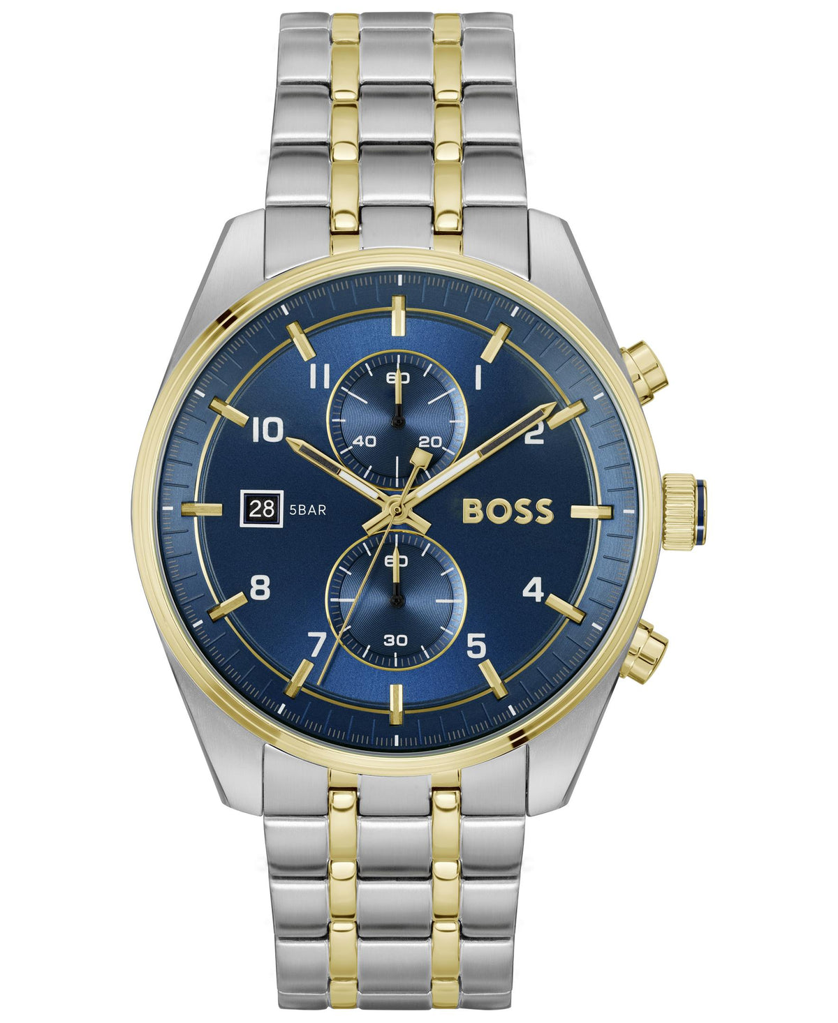 HUGO BOSS Boss Skytraveller LE Gents. SS & IP Gold Plated Case & Bracelet. Blue Chrono Dial.