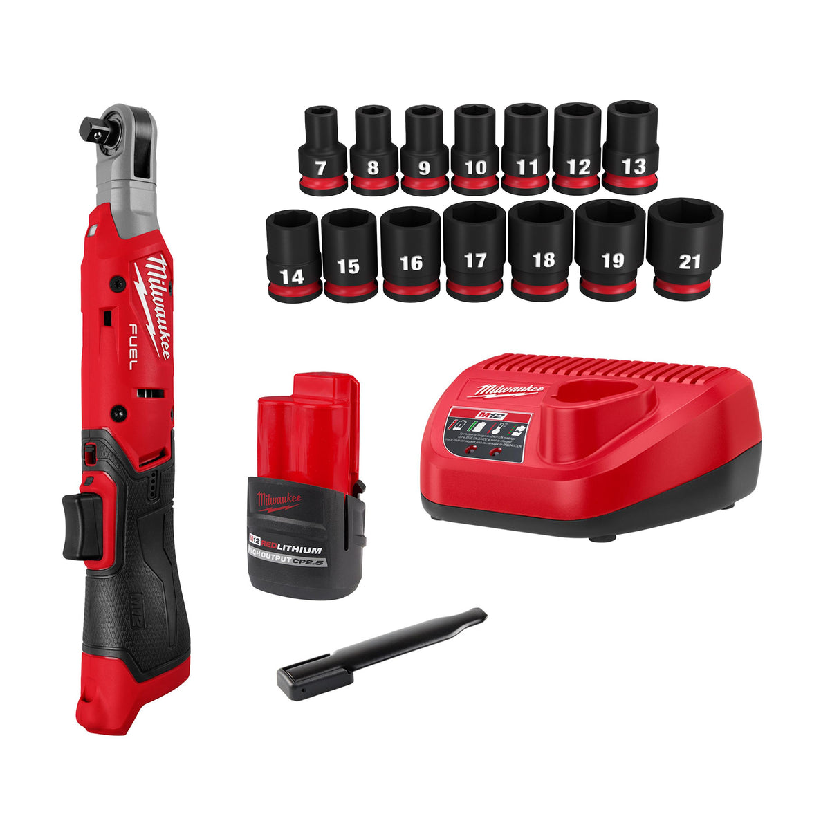 Milwaukee M12 Fuel 3/8" Ratchet 2 Battery Kit + 14pc SHOCKWAVE Socket Set