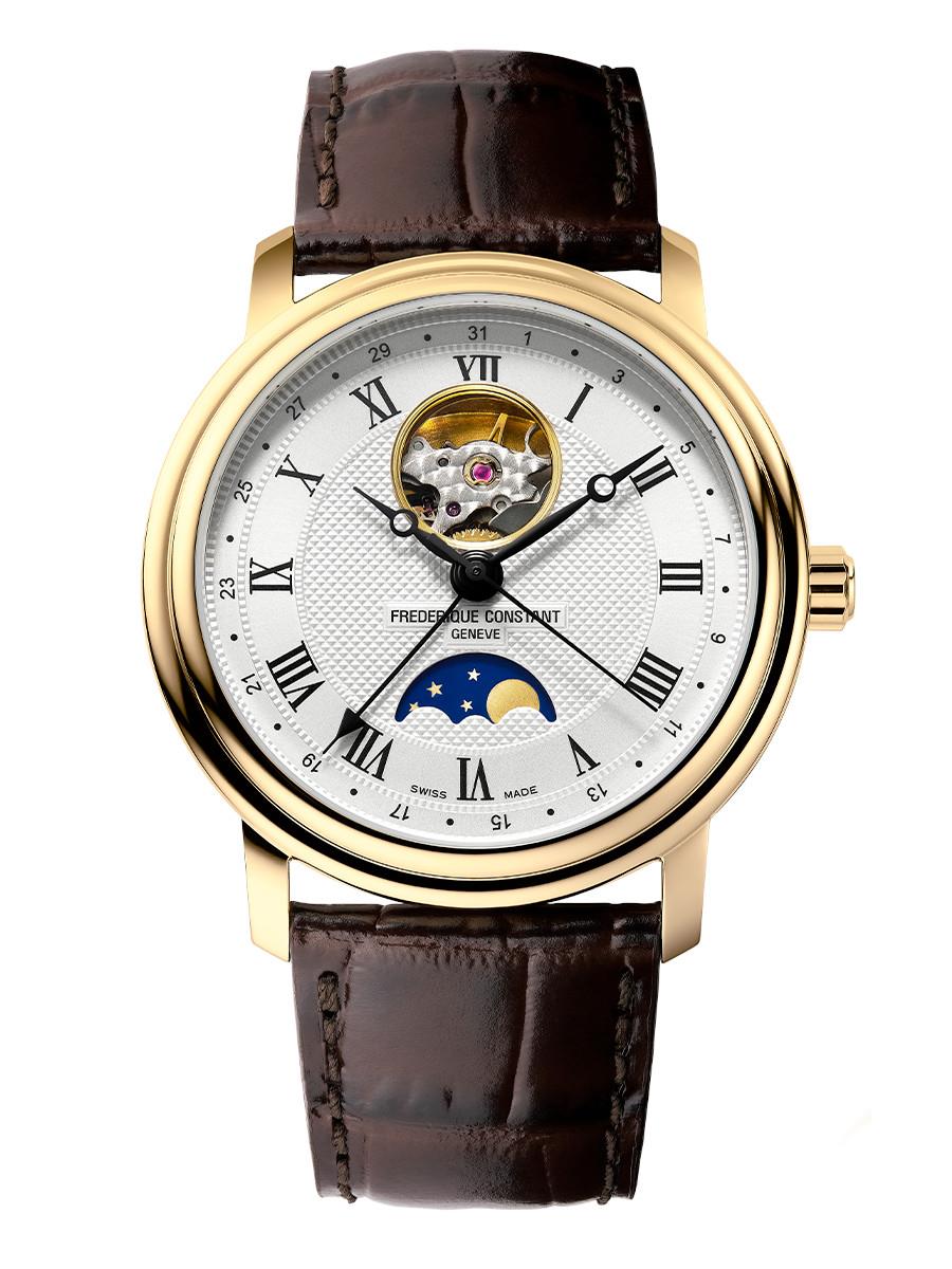Frederique Constant Men's Classics Heartbeat Moonphase Automatic Leather Strap watch, Silver-Tone dial