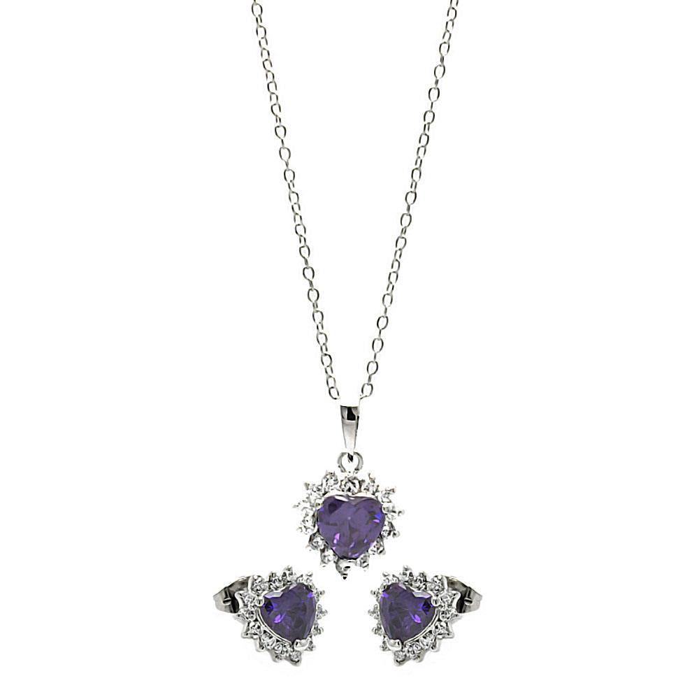 PARIKHS Rhodium Plated Purple Heart Cluster Necklace-Earring Set in 925 Sterling Silver