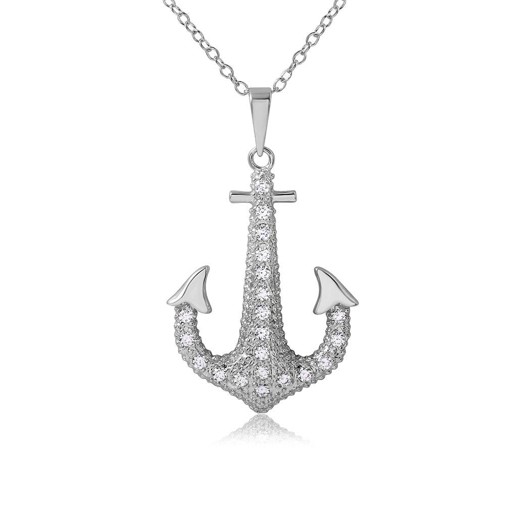PARIKHS Rhodium Plated CZ Anchor Necklace in 925 Sterling Silver