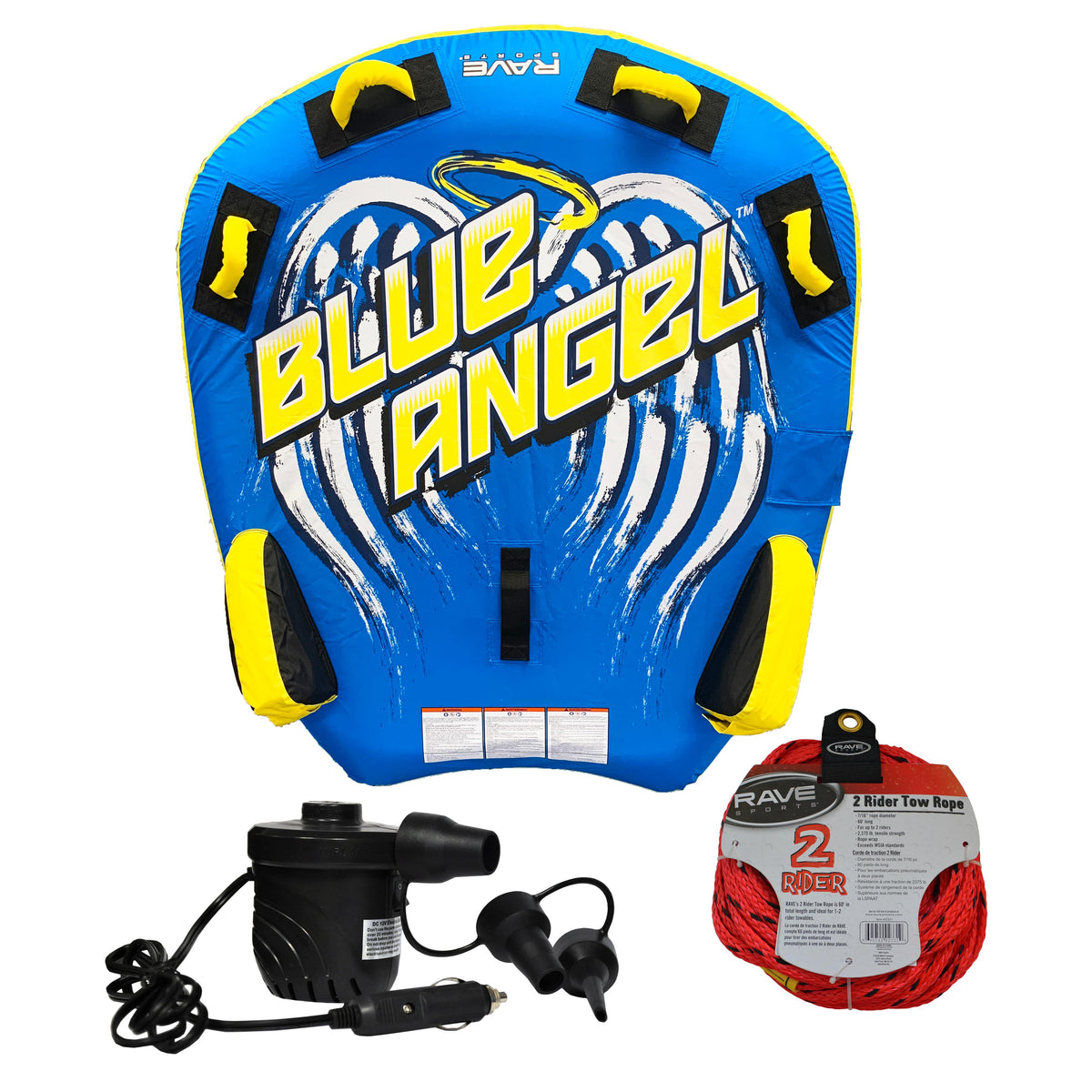 RAVE Sports - Blue Angel Towable, 1-Section 2-Rider Tow Rope, & High Speed Inflator/Deflator