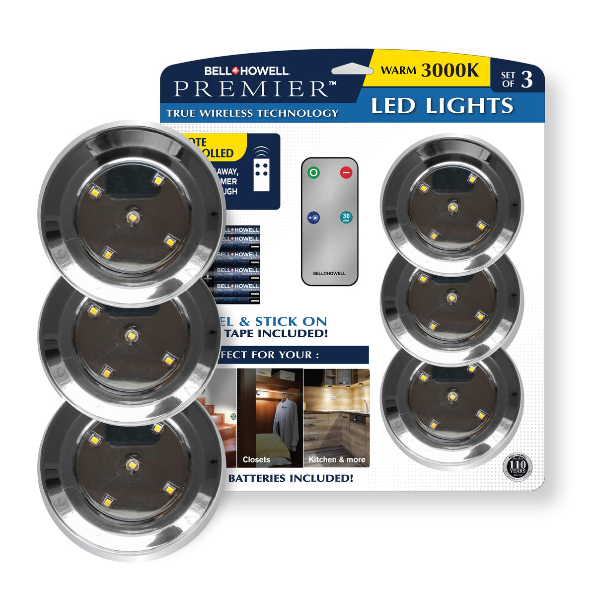 Bell + Howell Wireless Chrome LED Accent Light Size 3 Pack