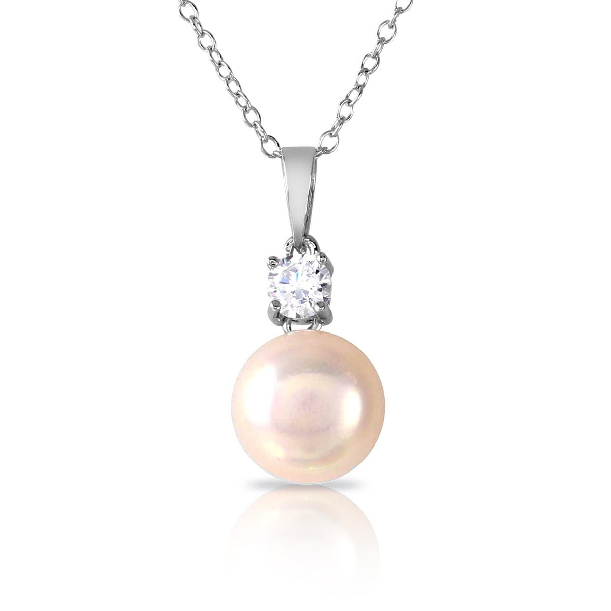 PARIKHS Rhodium Plated Round CZ with Dangling Pearl Necklace in 925 Sterling Silver